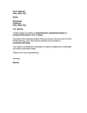 Administrative Assistant Resignation Letter Resignation Letter