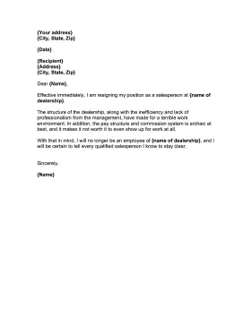 Car Salesperson Resignation Letter Resignation Letter