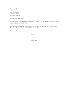 Letter Confirming Verbal Resignation Resignation Letter