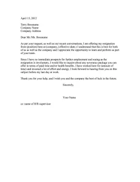 Resign And Ask For Severance Pay Resignation Letter