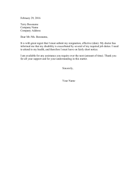 Resignation Letter Due To Disability Resignation Letter