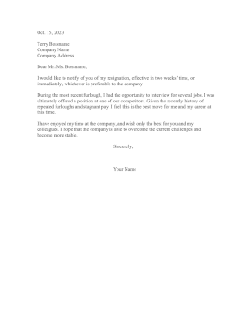 Resignation Letter During Furlough Resignation Letter