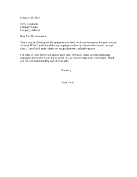 Resignation Letter From Temporary Job Resignation Letter