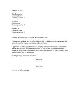 Resignaiton Letter to Multiple People Resignation Letter