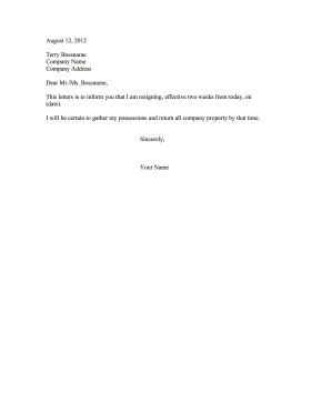 Resignation Letter Two Weeks Notice Resignation Letter