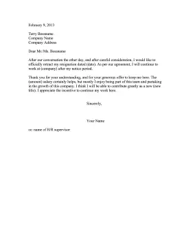 Resignation Retraction Convinced to Stay Resignation Letter
