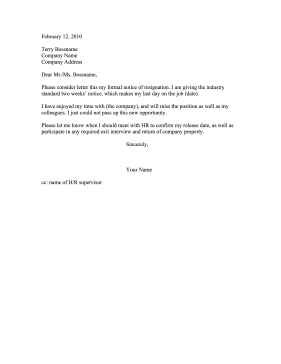Two Week Notice Resignation Letter Resignation Letter