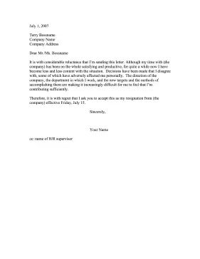 Resignation due to Unacceptable Circumstances Resignation Letter
