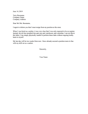 Cashier Resignation Resignation Letter