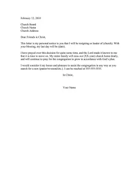 Church Leadership Resignation Letter Resignation Letter