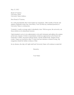 College Administrator Resignation Letter Resignation Letter