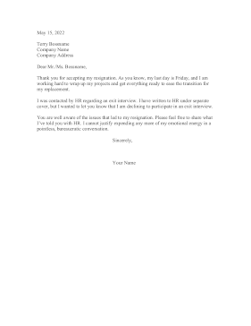 Decline Exit Interview Resignation Letter