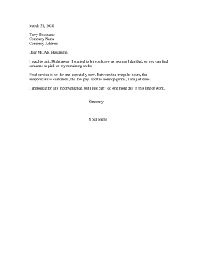 Food Service Resignation Letter Resignation Letter