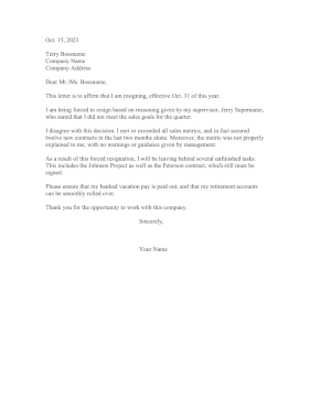 Forced Letter Of Resignation Resignation Letter