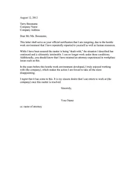 Hostile Environment Resignation Letter Resignation Letter