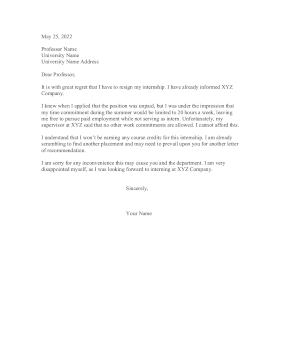 Internship Resignation Letter To Professor Resignation Letter
