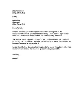 Management Resignation Letter Resignation Letter