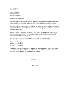 Outstanding Projects Resignation Letter Resignation Letter