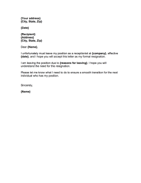 Receptionist Resignation Letter Resignation Letter