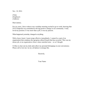 Resignation Ethical Reasons Resignation Letter