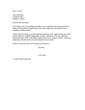 Resignation After Short Employment Resignation Letter