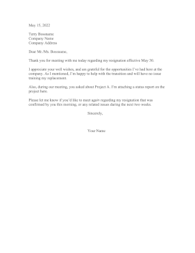 Resignation Letter After Verbal Meeting Resignation Letter