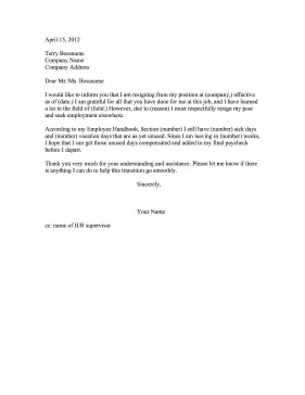 Resign And Ask for Vacation Pay Resignation Letter