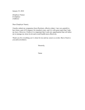 Resignation Letter Because Of Stress