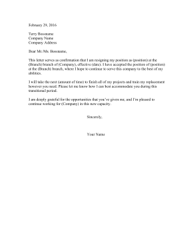 Branch Transfer Resignation Letter Resignation Letter