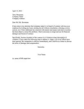 Breach of Contract Resignation Letter Resignation Letter