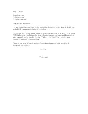 Resignation Letter COBRA Resignation Letter