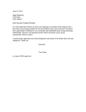 Club Membership Resignation Letter Resignation Letter