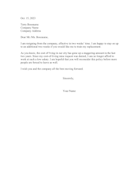 Resignation Letter Cost Of Living Resignation Letter