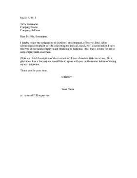 Resignation Due to Discrimination Resignation Letter
