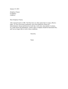 Resignation Letter Due To Bullying Resignation Letter
