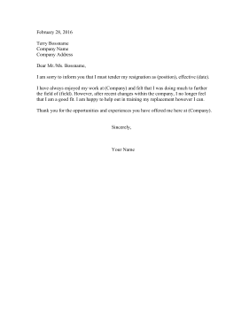 Resignation Letter Due To Company Changes Resignation Letter