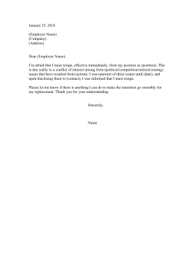 Resignation Letter Due To Conflict Of Interest Resignation Letter