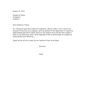 Resignation Letter Due To Depression Resignation Letter