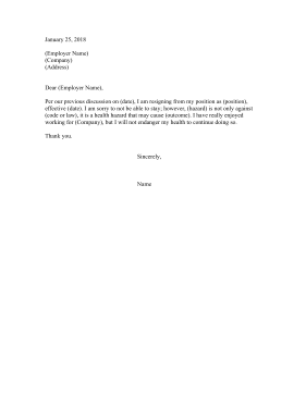 Resignation Letter Due To Hazards Resignation Letter