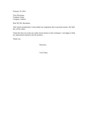 Resignation Letter Due To Personal Reasons Resignation Letter