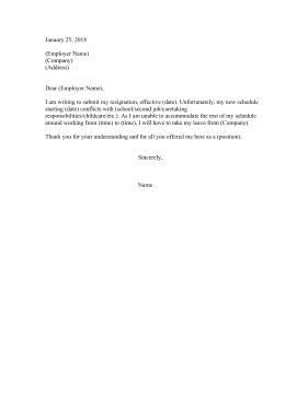 Resignation Letter Due To Scheduling Conflict