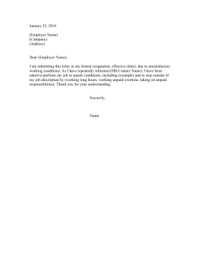 Resignation Letter Due To Working Conditions Resignation Letter