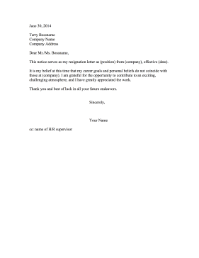 Resignation Letter Due to Ethical Conflict Resignation Letter