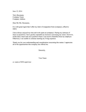 Resignation Letter Due to Lack of Benefits Resignation Letter