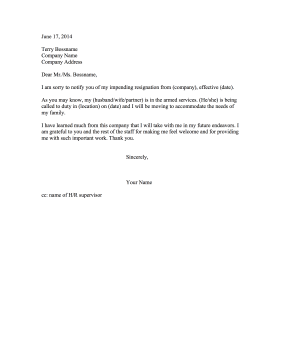 Resignation Letter Due to Military Move Resignation Letter