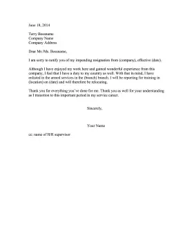 Resignation Letter Due to Military Service Resignation Letter