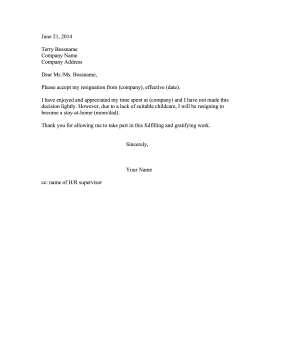 Resignation Letter Due to No Childcare Resignation Letter