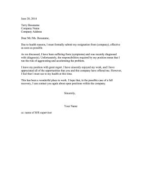 Resignation Letter Due to Poor Health Resignation Letter