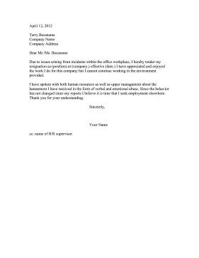 Resignation Due To Harassment Resignation Letter