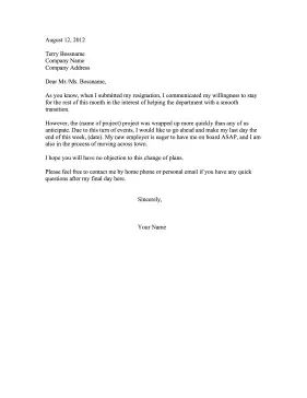 Resignation Letter Leaving Sooner Than Said Resignation Letter